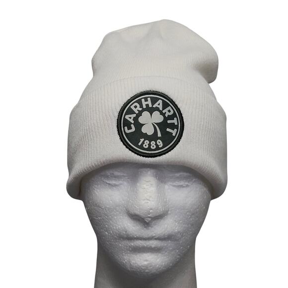Carhartt Beanie White Shamrock 1889 Patch Knit Cuffed Hat St Patricks Day - Picture 1 of 5